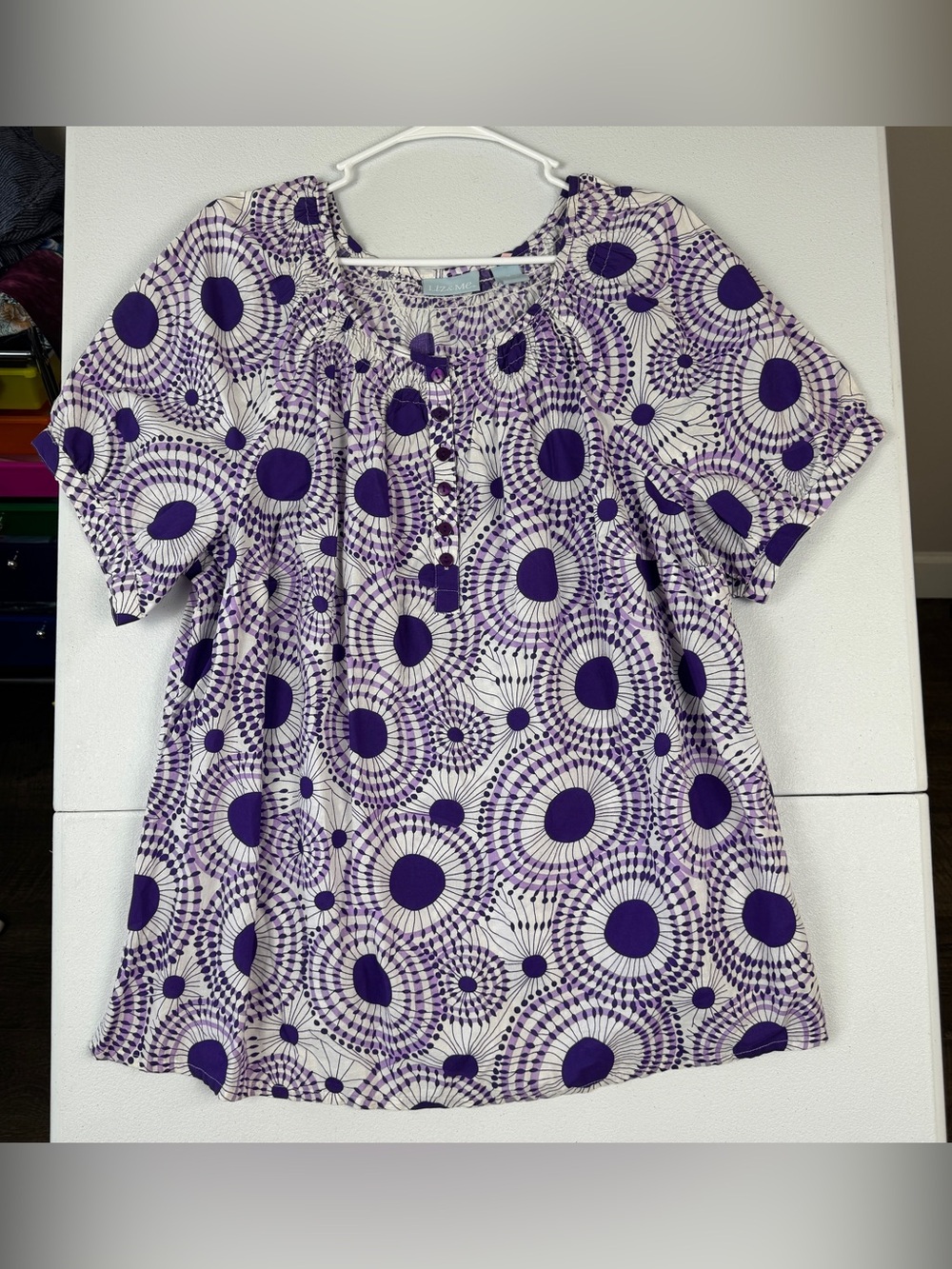 Liz & Me Top‎ Womens Plus Size 1X Purple White Tunic Cotton Short Sleeve